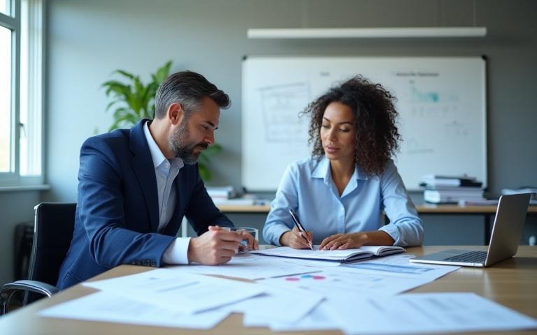 Policy analysts reviewing documents and charts in a modern, collaborative office environment.